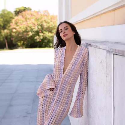 BOHO V NECK BELL SLEEVE WAVY STRIPED CROCHET BEACH VACATION MAXI DRESS