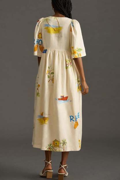 Printed Linen Midi Dress
