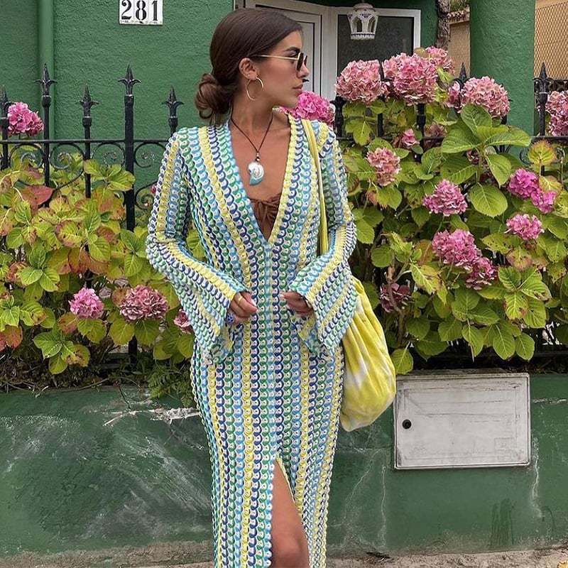 BOHO V NECK BELL SLEEVE WAVY STRIPED CROCHET BEACH VACATION MAXI DRESS