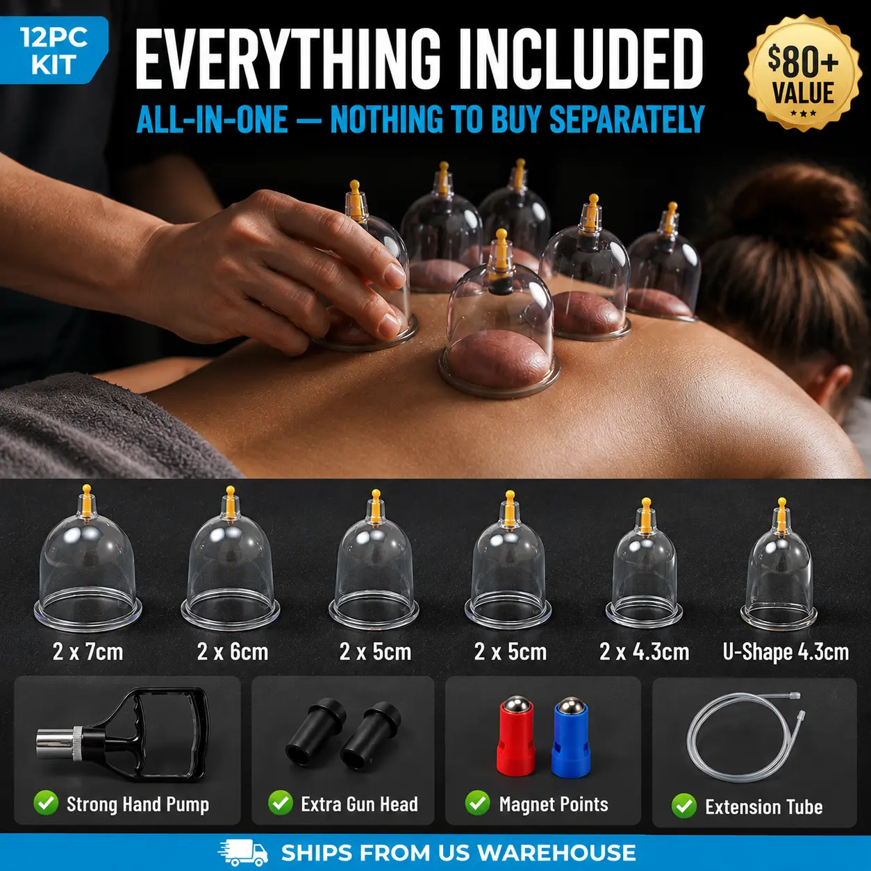The Cup Doc Cupping Therapy Kit | Back Pain Relief & Muscle Recovery | 12PC & 24PC | Hand Pump, Magnets & Hose Included | At Home Use