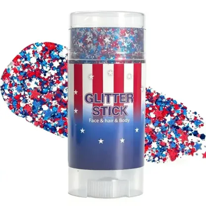 4th of July Glitter Stick, Red White Blue Shimmer Gel, Long Lasting Body Face Hair Shiny Makeup, Easy To Apply Patriotic Sparkle Cosmetic, Perfect for Independence Day Party Festival Holiday Daily Trendy Look
