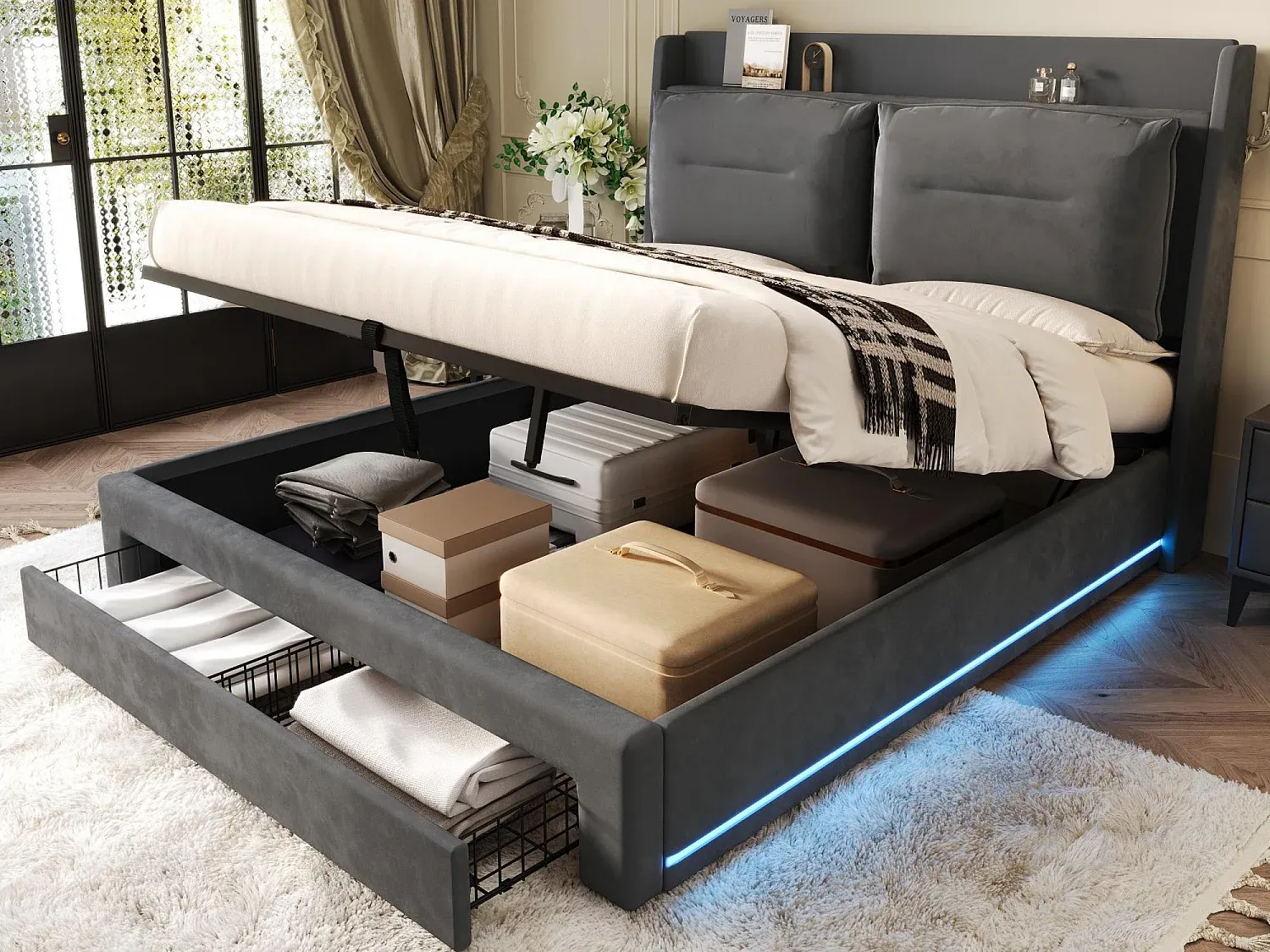 Geräumiges Polsterbett mit LED-Beleuchtung und Stauraum-nestelivoa.com