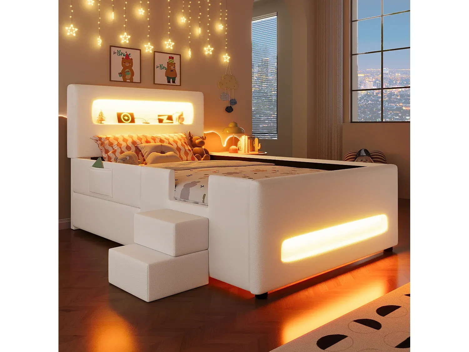 Kinderbett mit Stauraum und LED-Beleuchtung, 90 x 200 cm, Rosa-nestelivoa.com