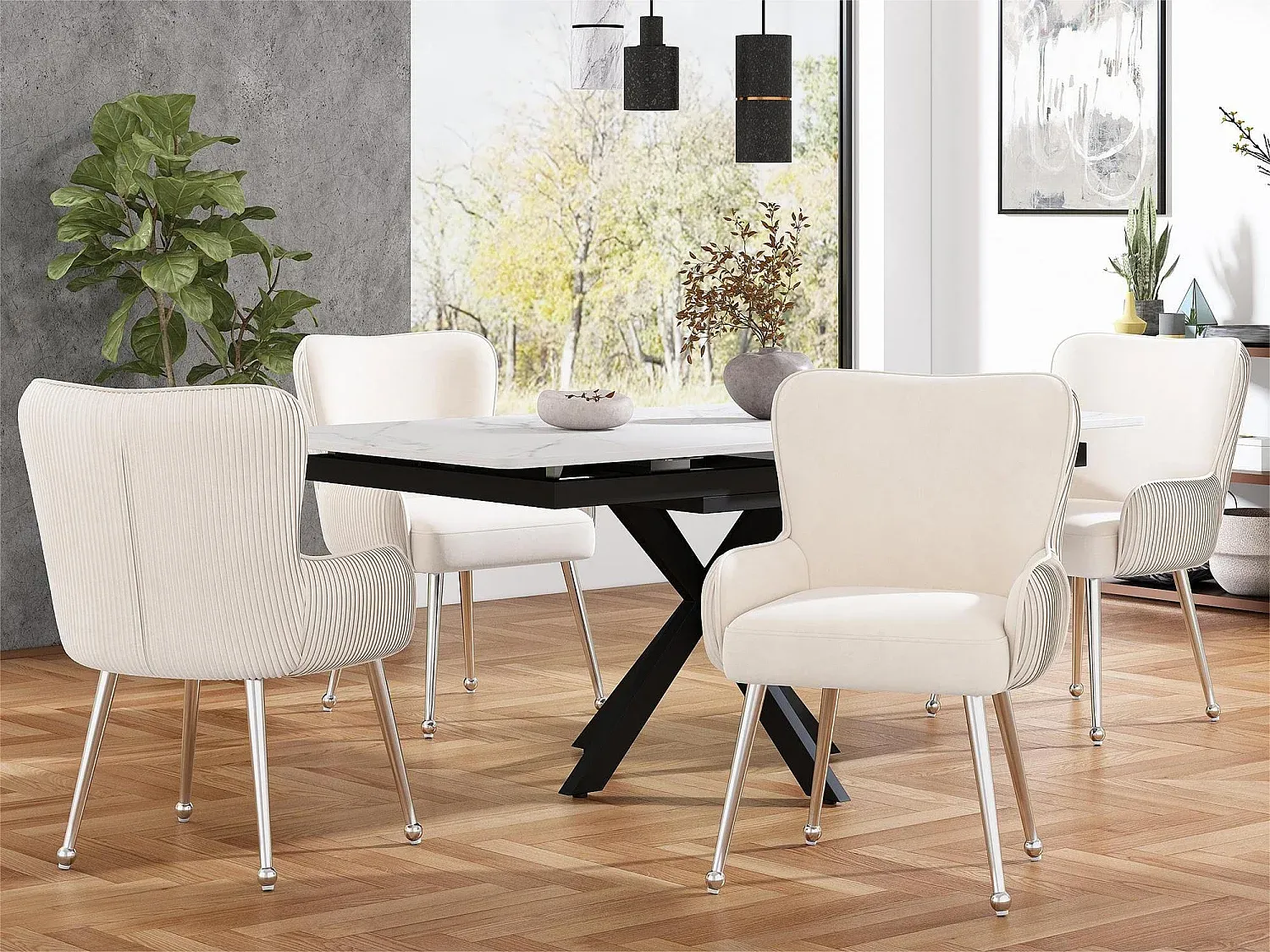 Elegante Samtstühle mit Armlehnen und Metallbeinen, 4er-Set, Beige-nestelivoa.com
