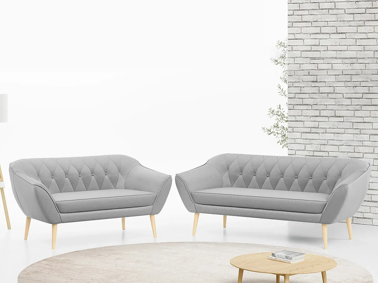 Modernes Sofa-Set im skandinavischen Stil aus Samt mit Holzbeinen in Hellgrau-nestelivoa.com