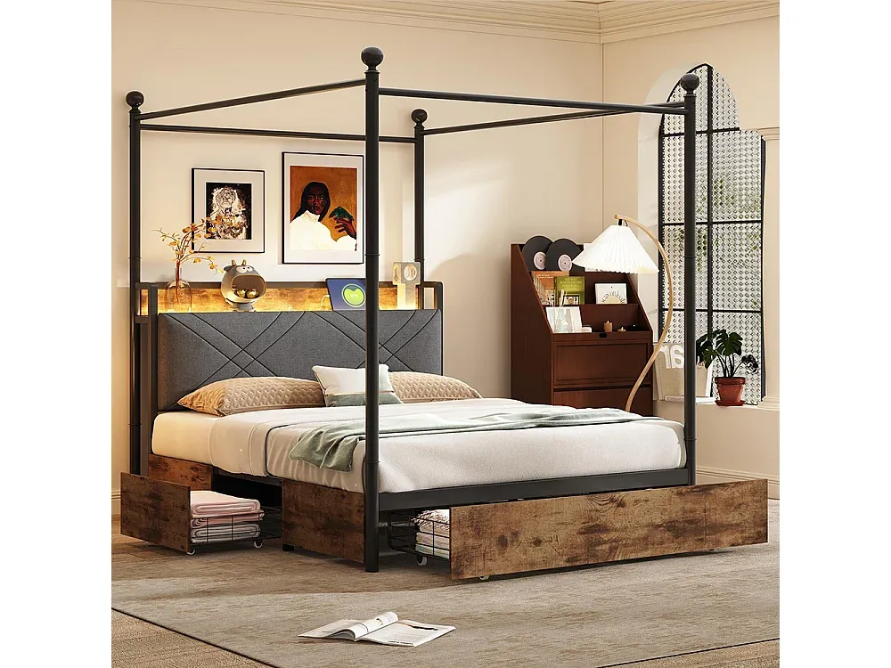 Metallbett mit Stauraum, LED-Beleuchtung und USB-Anschlüssen, 140 × 190 cm, schwarz-nestelivoa.com