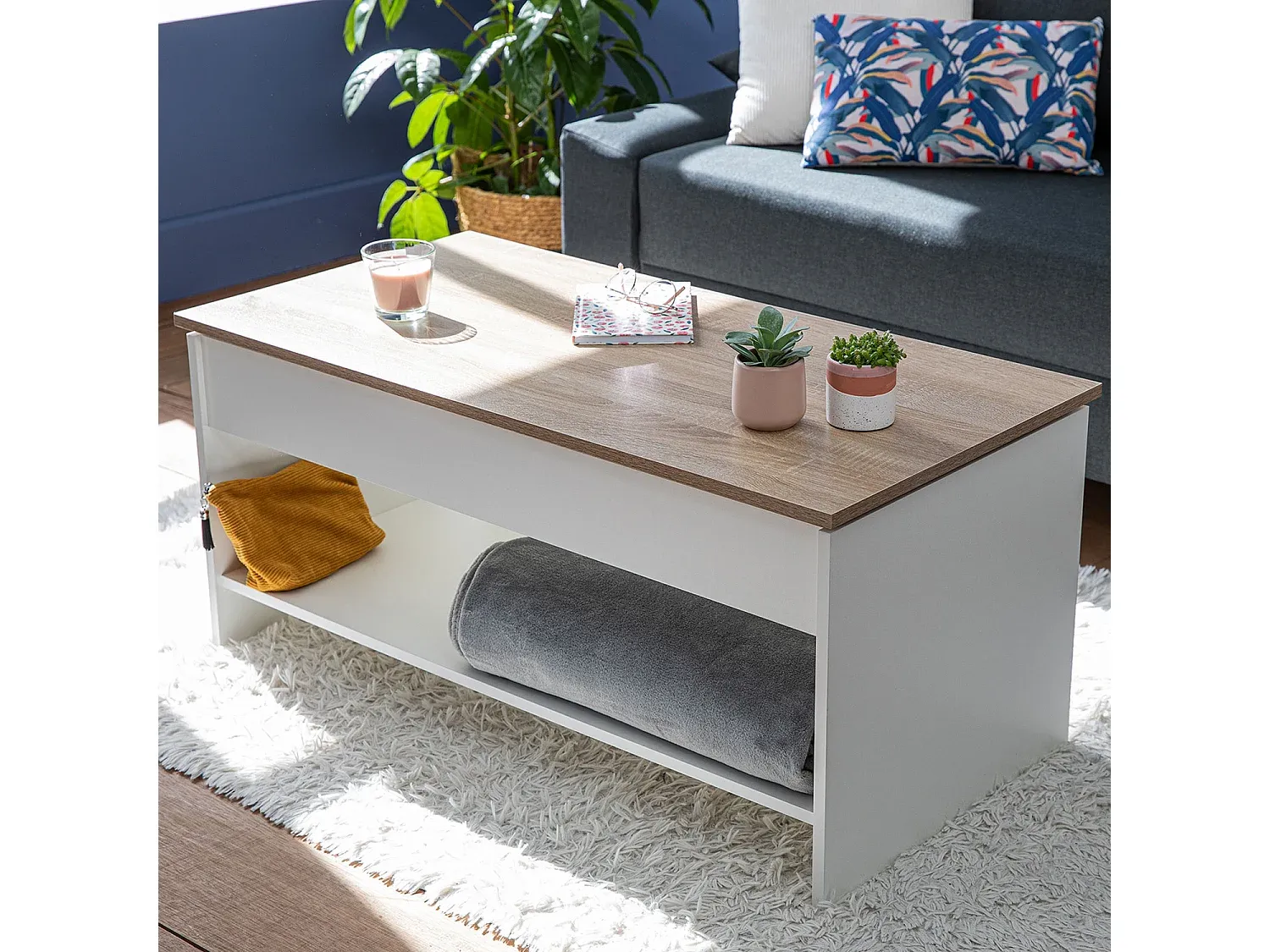Moderner Couchtisch mit anhebbarer Tischplatte in Weiß und Holzoptik-nestelivoa.com