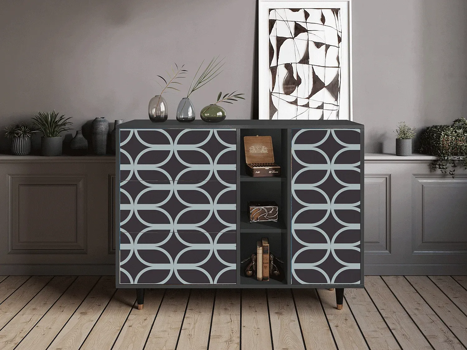 Geflochtenes Sideboard in Blau und Anthrazit, 125x98x48 cm-nestelivoa.com