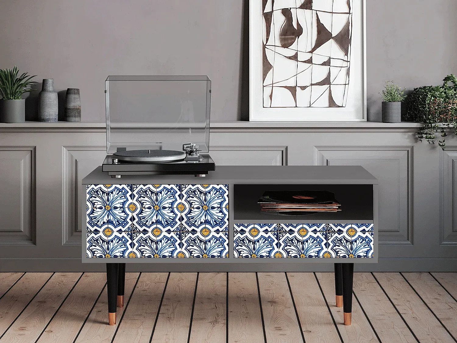 Moderner TV-Schrank mit Blumendekor, Grau, 115x59x48 cm-nestelivoa.com