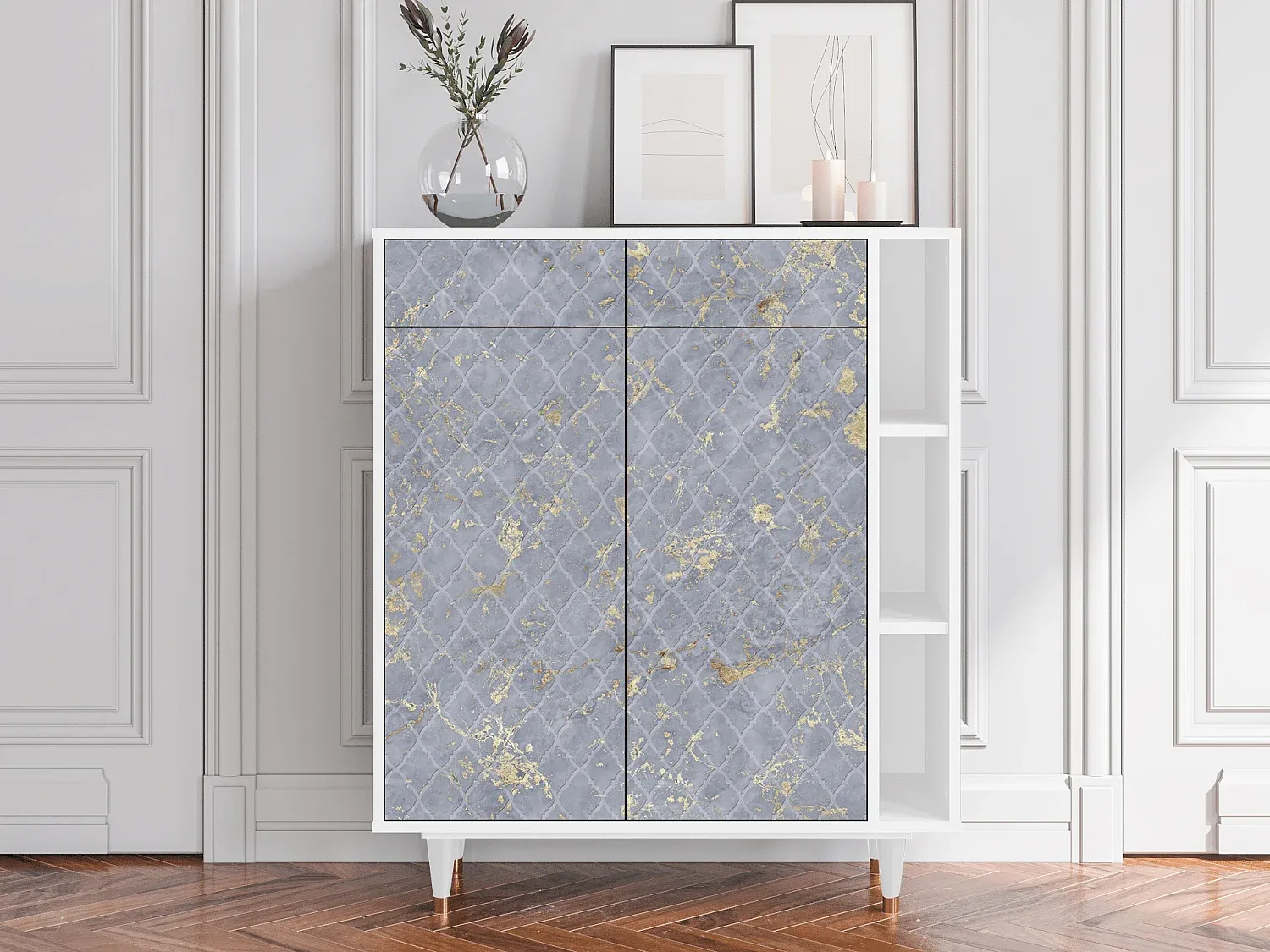 Moderner Sideboard in Golden Smoke und Weiß, 96x110x41 cm-nestelivoa.com