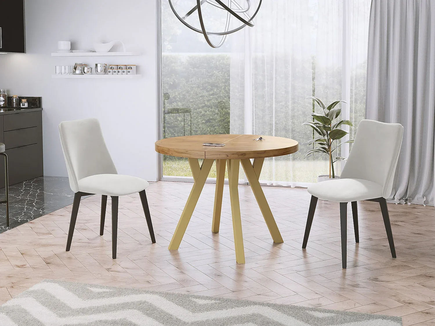 Runder ausziehbarer Esstisch im Loft-Stil mit goldenen Beinen für 6-8 Personen-nestelivoa.com