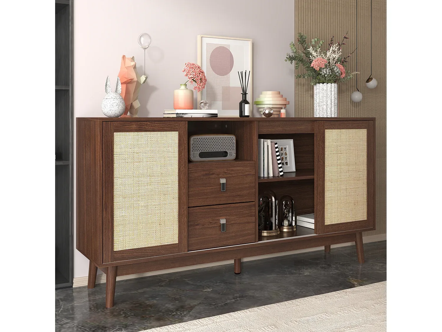 Elegantes Sideboard mit Rattantüren und Schubladen-nestelivoa.com