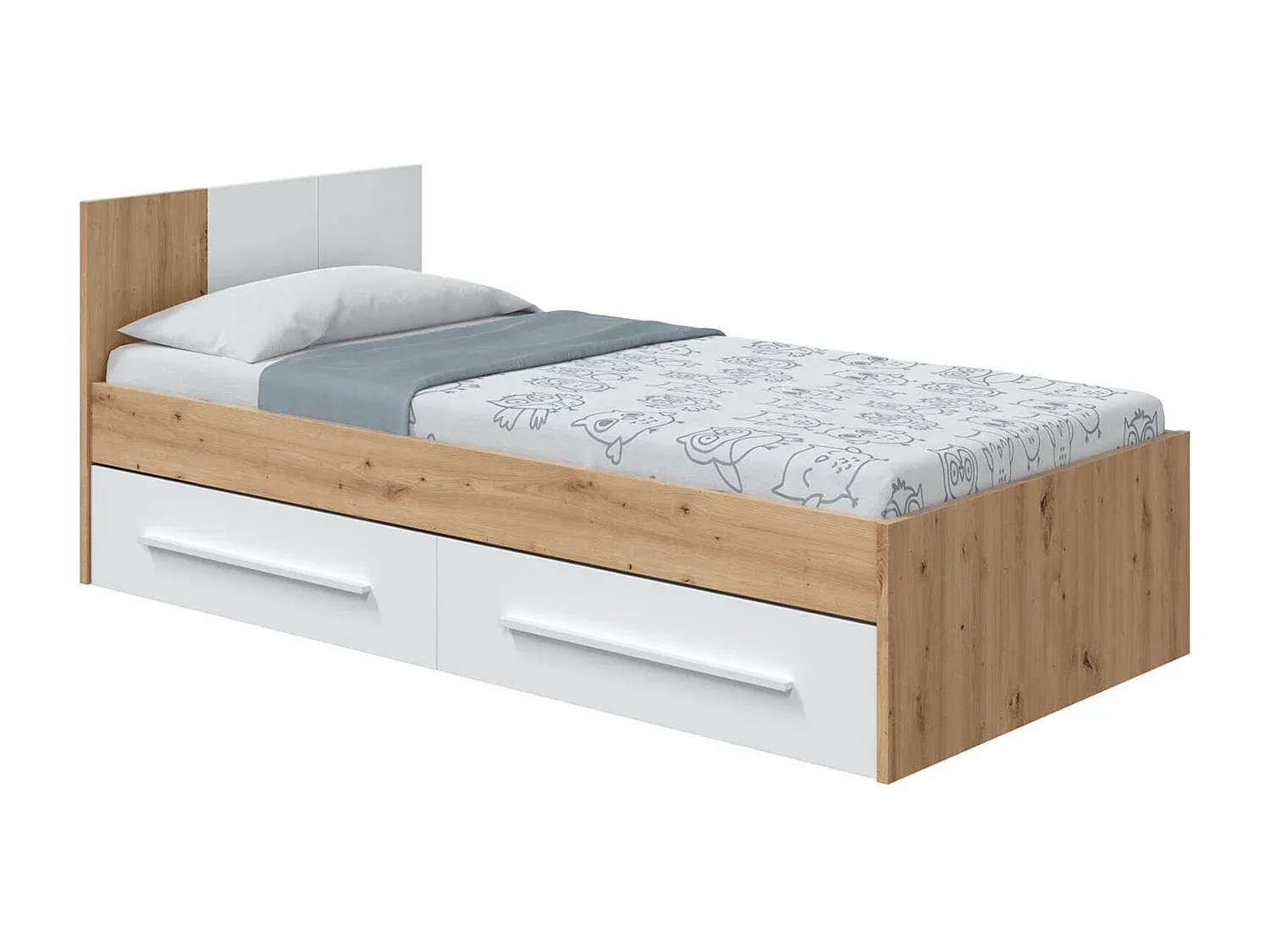 Einzelbett mit Kopfteil und Schubladen, Eiche und Weiß, 196x97x77 cm-nestelivoa.com