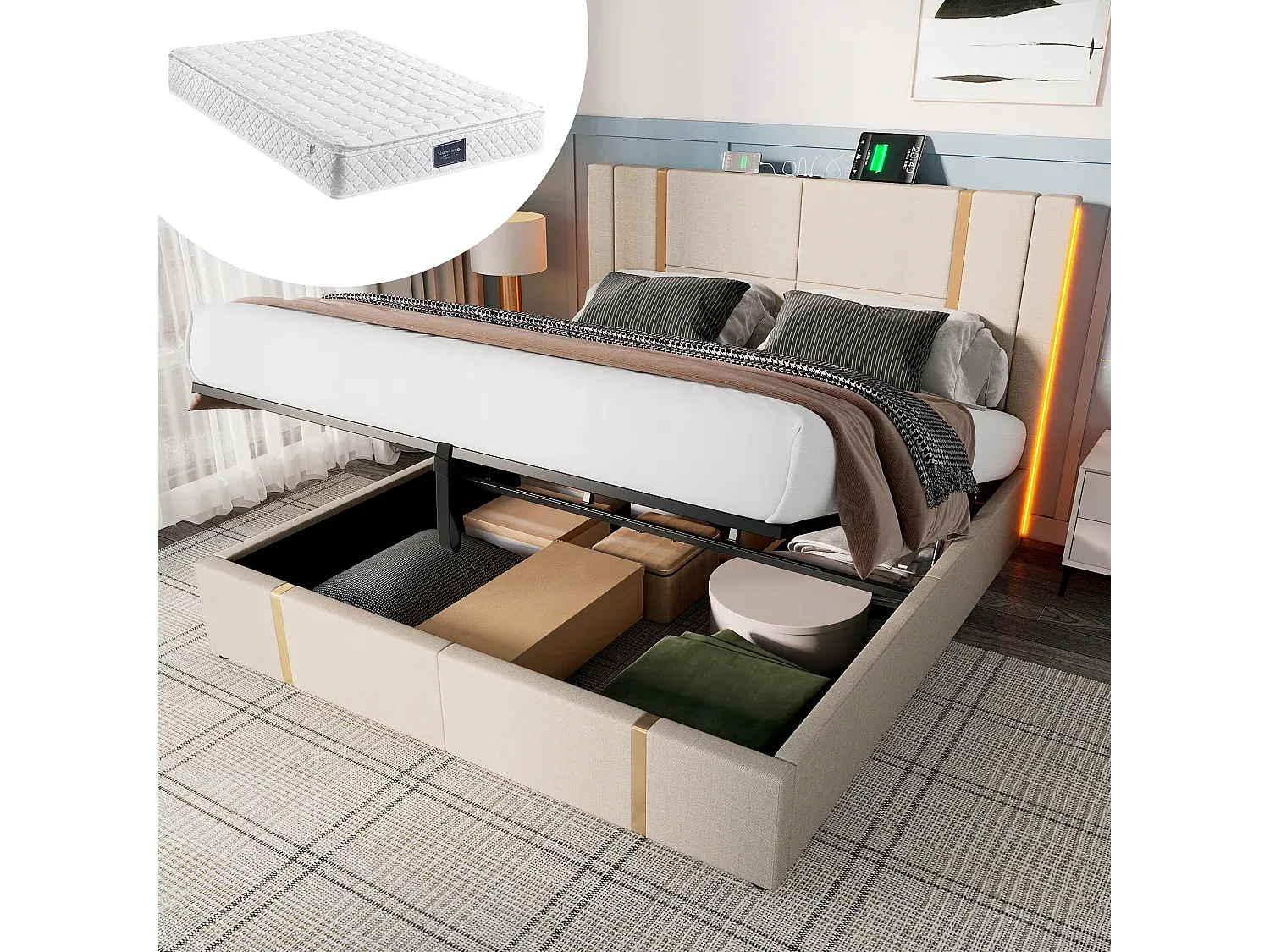 Stauraumbett 140x200 cm mit LED und USB-Anschlüssen-nestelivoa.com