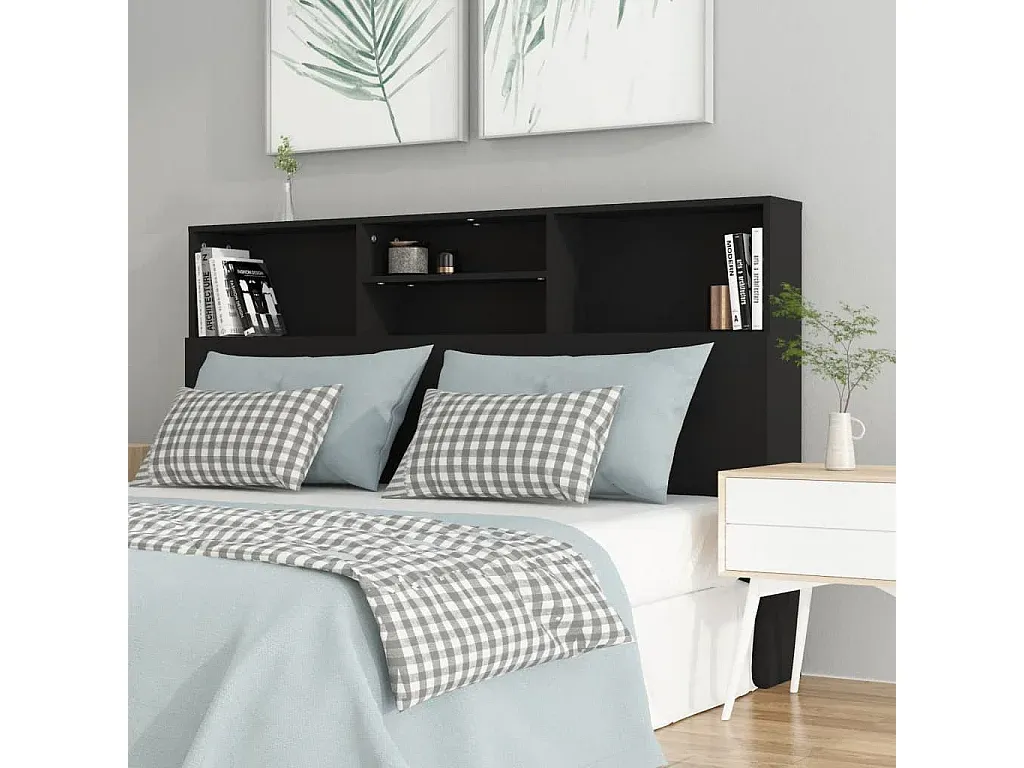 Schwarzes Kopfteil mit Ablagen 160x19x103,5 cm-nestelivoa.com