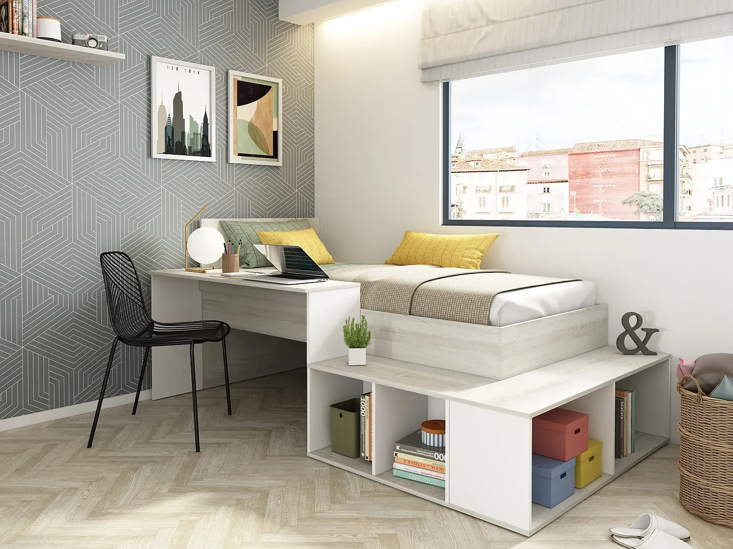 Multifunktionales Bett 90 x 200 cm mit Stauraum und Schreibtisch in Grau und Weiß-nestelivoa.com
