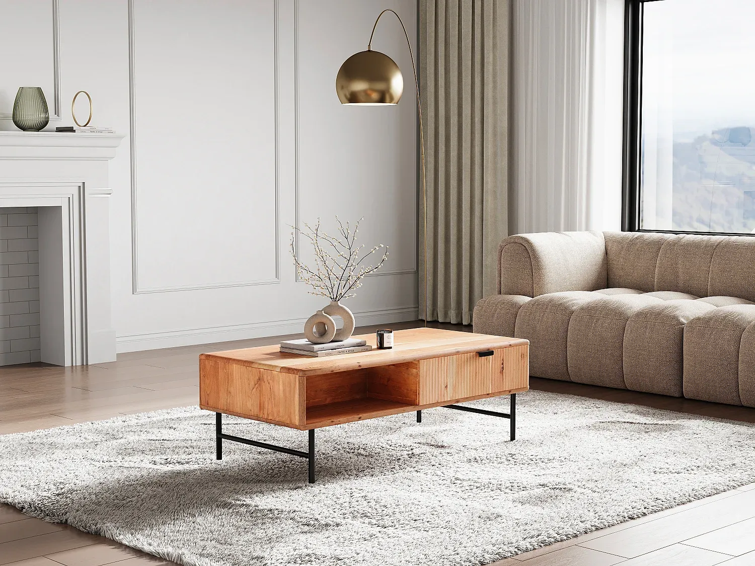 Moderner Couchtisch mit Schubladen und Ablagefächern aus Akazienholz-nestelivoa.com