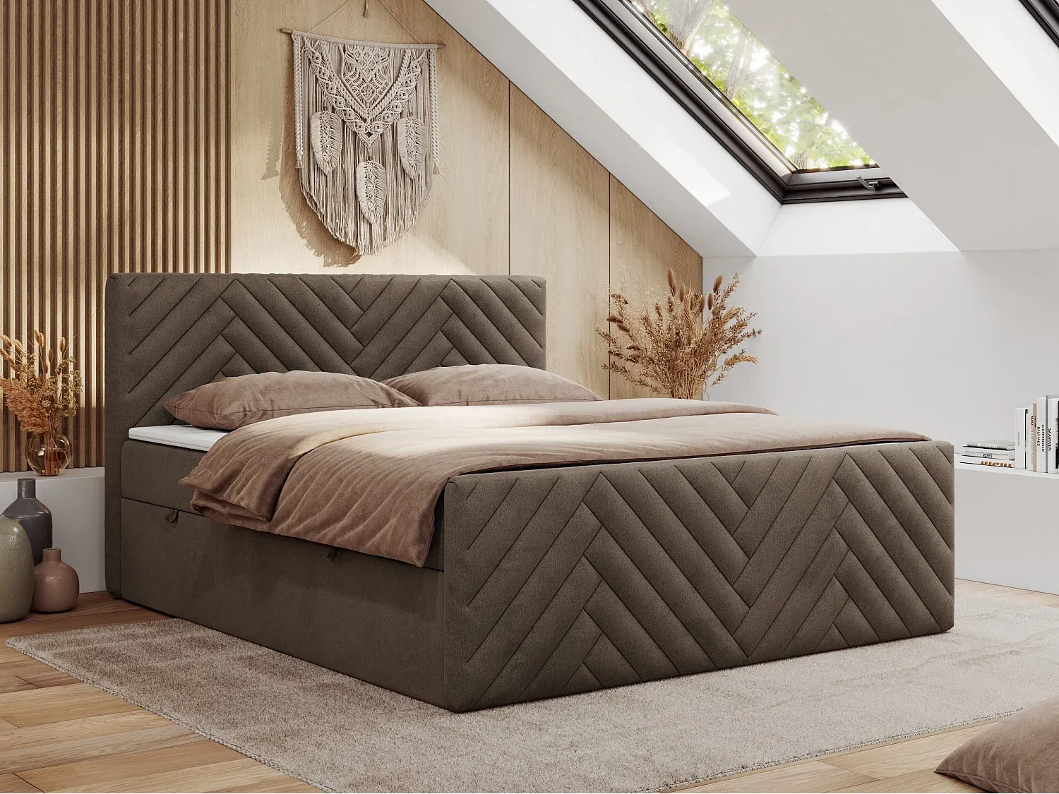 Gepolstertes Doppelbett mit Stauraum, genähtem Kopfteil, 120x200 cm, Braun-nestelivoa.com