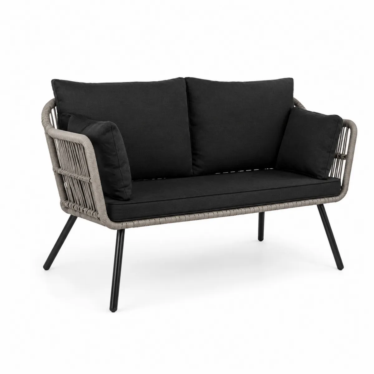Divano a due posti con struttura in metallo e vimini, cuscini in poliestere nero/grigio 120 cm-xeltrivol
