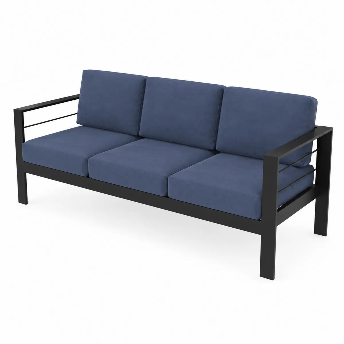 Divano da esterno 3 posti in metallo con cuscini in poliestere blu-xeltrivol