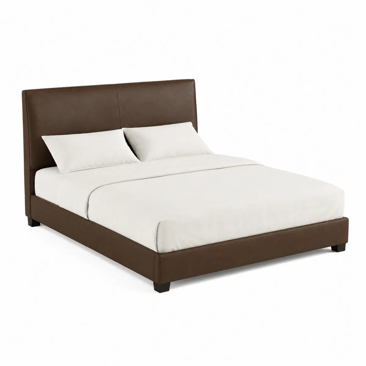 Letto matrimoniale in legno con rivestimento in ecopelle marrone e testiera imbottita-xeltrivol