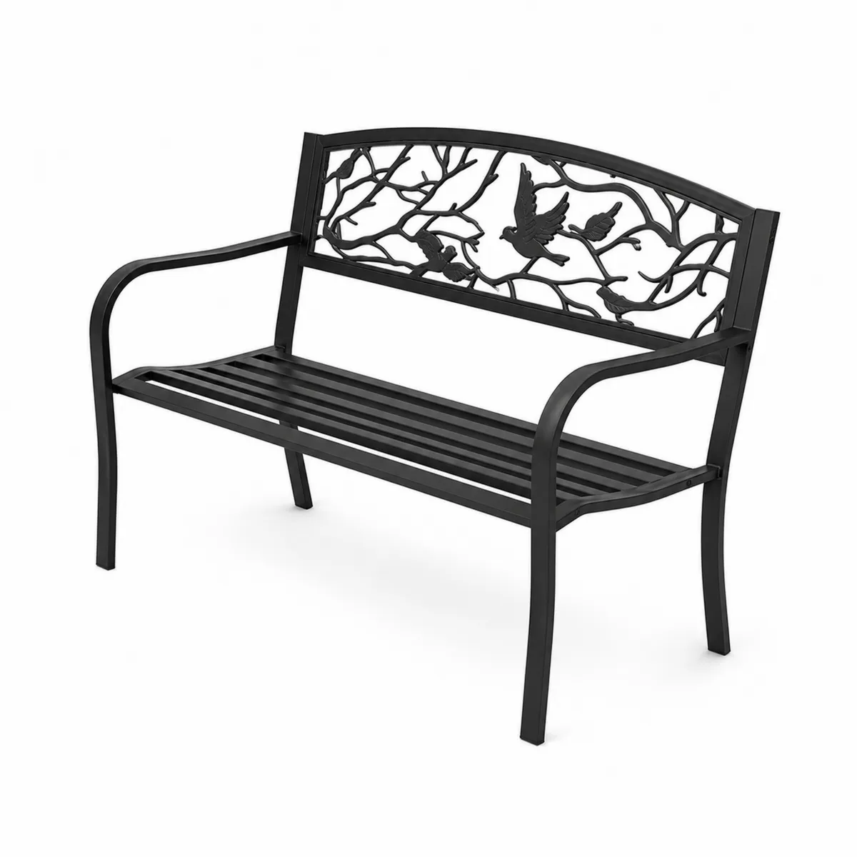 Panca da giardino in metallo nero con decorazioni a uccelli-xeltrivol