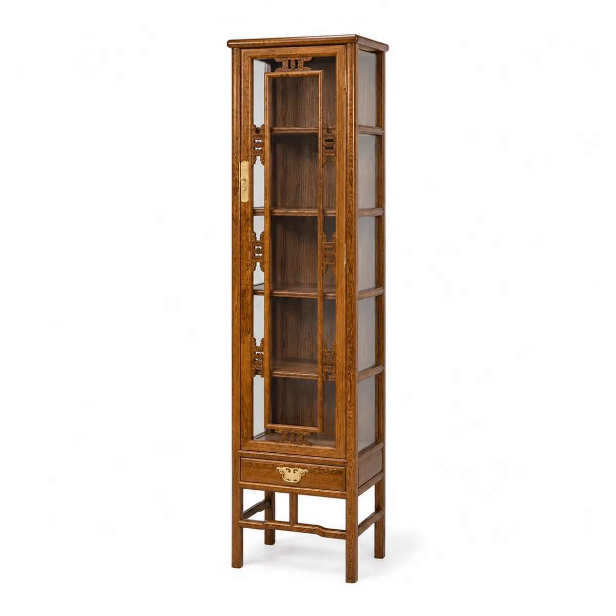 Libreria alta in legno massello con vetro temperato e cassetto, Marrone-xeltrivol