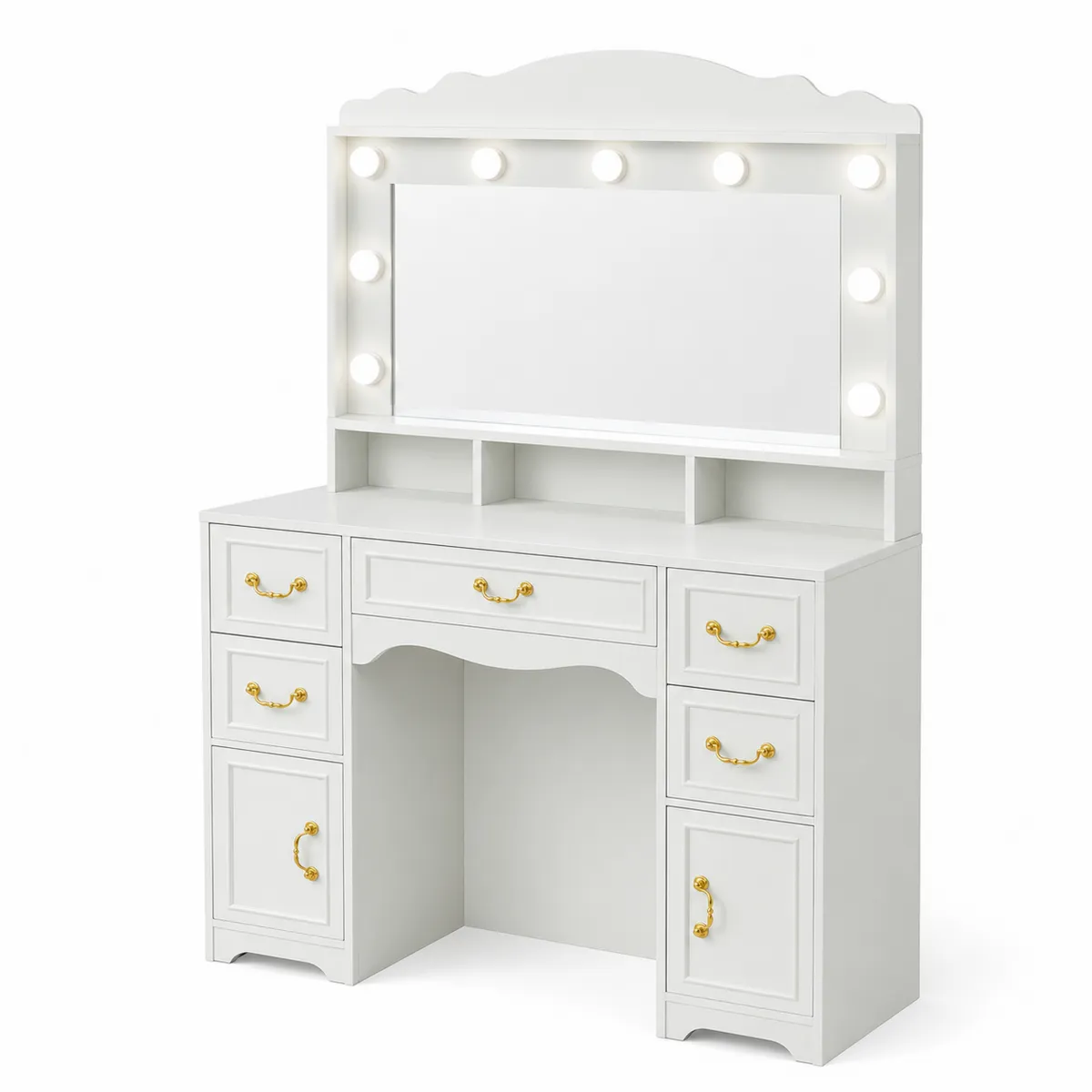 Tavolo Toeletta in MDF Bianco con Specchio LED e Cassetti