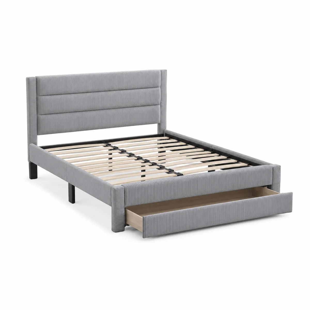 Letto Matrimoniale in Tessuto Corduroy Grigio Chiaro con Cassetto e Testiera Imbottita-xeltrivol