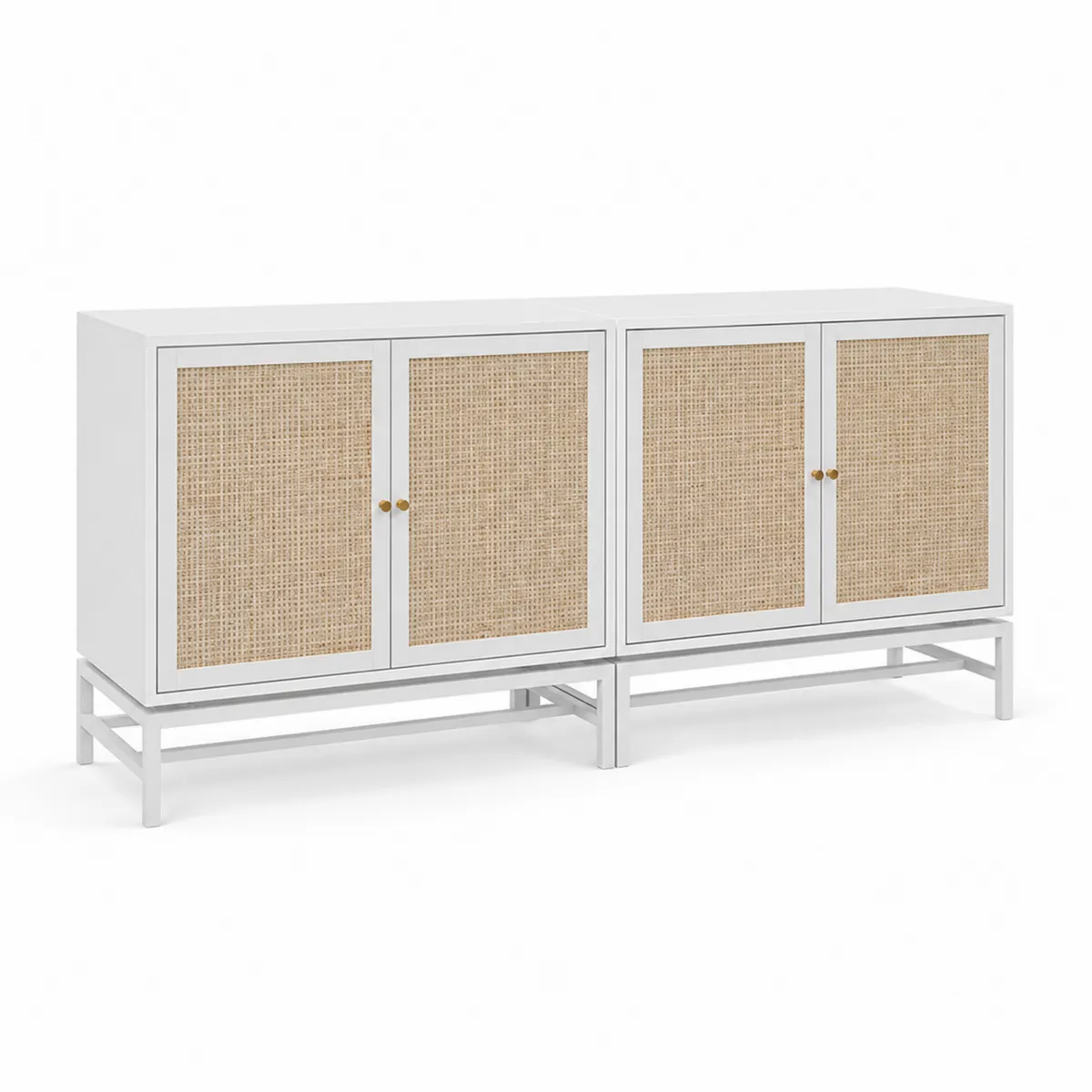 Credenza rettangolare in legno bianco con ante in rattan-xeltrivol