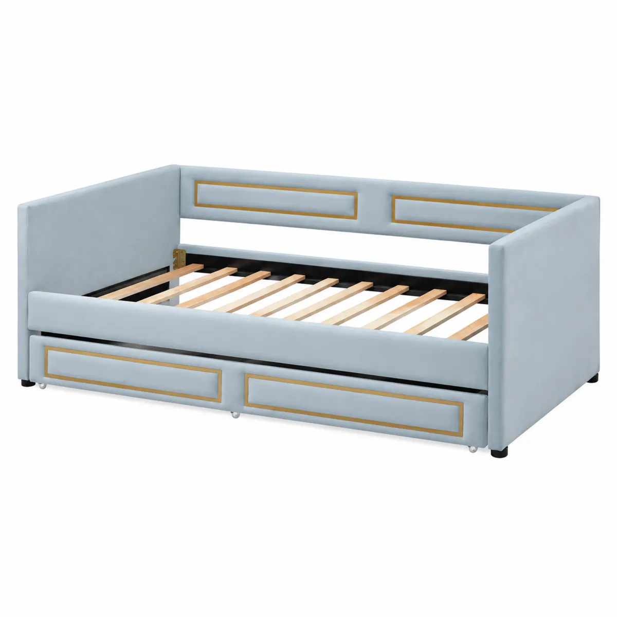 Daybed in Legno con Rivestimento in Velluto Blu Chiaro e Dettagli Dorati-xeltrivol