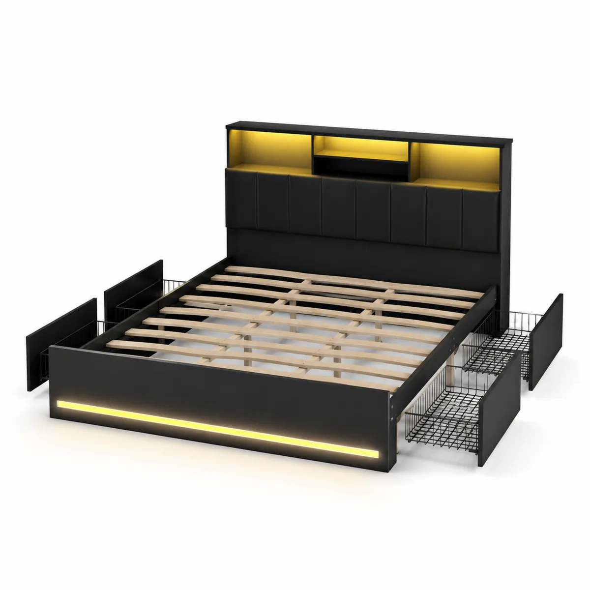 Letto Matrimoniale Contenitore con Cassetti e LED, MDF e Metallo, 200x160 cm, Nero-xeltrivol