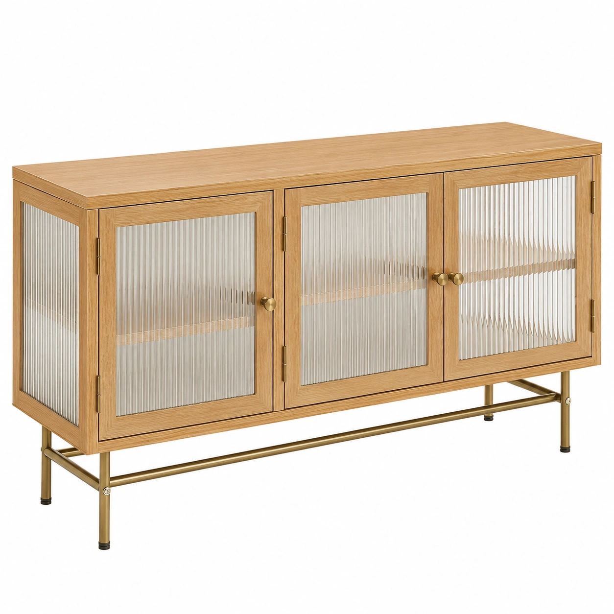 Aparador moderno acabado madera natural con puertas de vidrio acanalado y base metalica dorada para salon-SelviaSpace