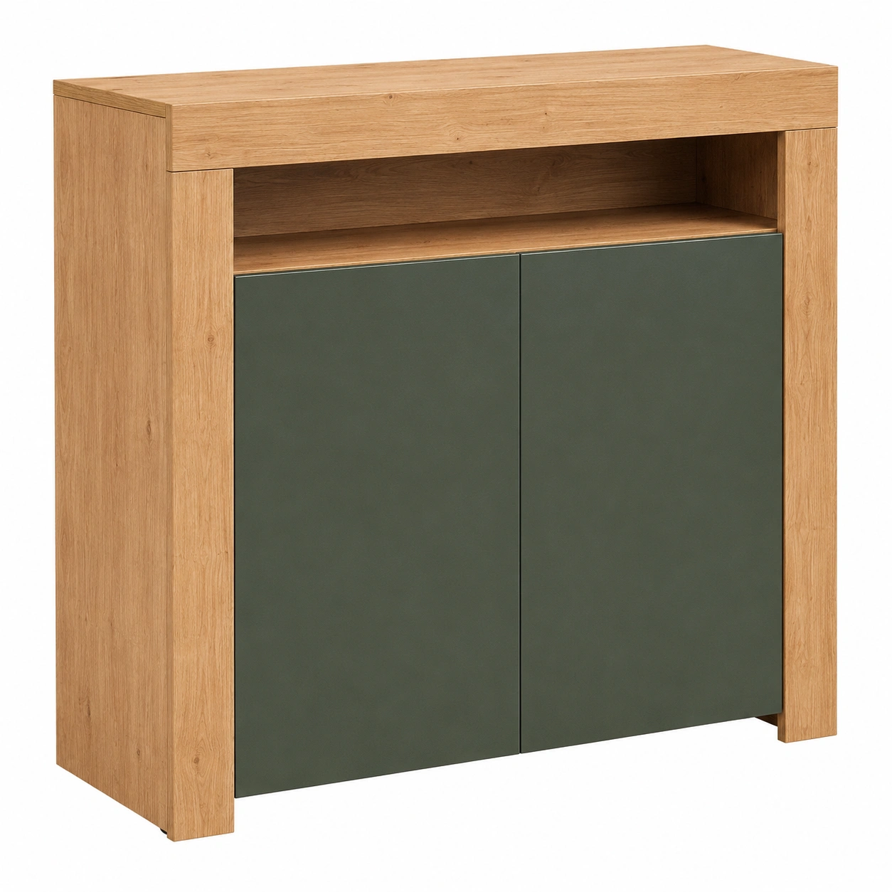 Aparador minimalista de almacenamiento con estructura rectangular y puertas lisas en color marron claro-SelviaSpace