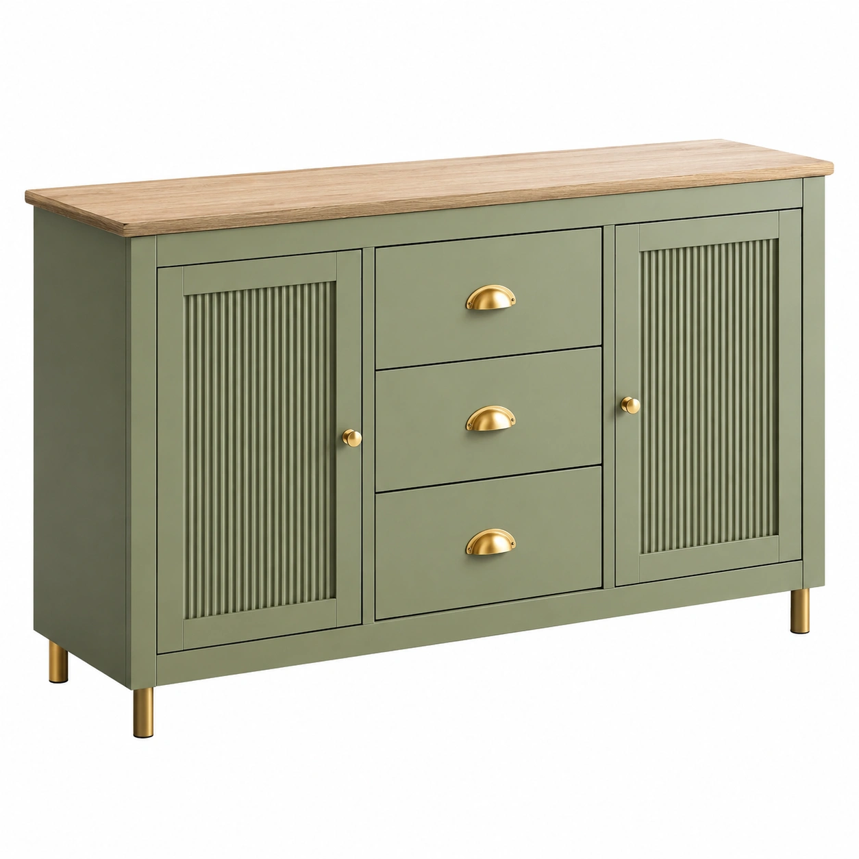 Aparador moderno verde oliva con puertas acanaladas y tiradores dorados-SelviaSpace