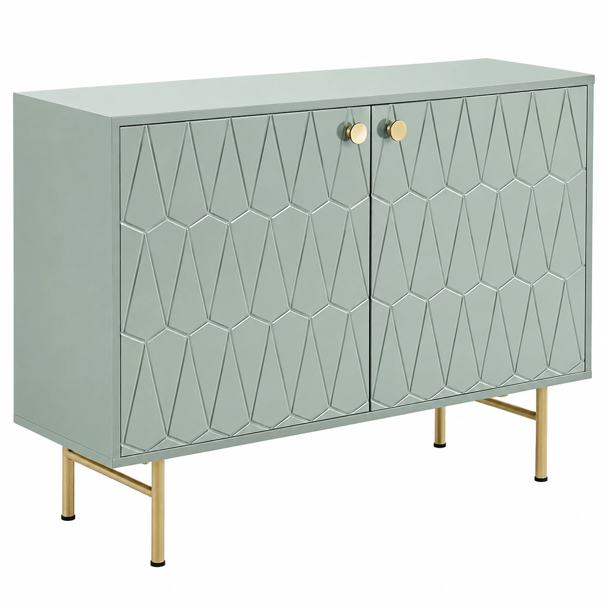 Aparador verde salvia geometrico con puertas dobles y patas doradas para salon moderno-SelviaSpace