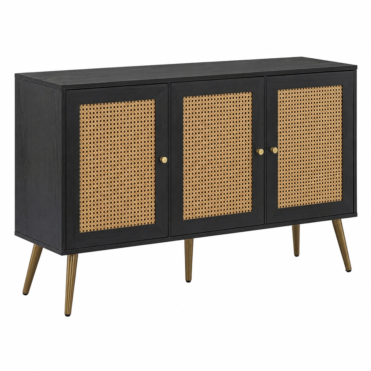 Aparador negro moderno con puertas de ratan natural y patas metalicas doradas-SelviaSpace