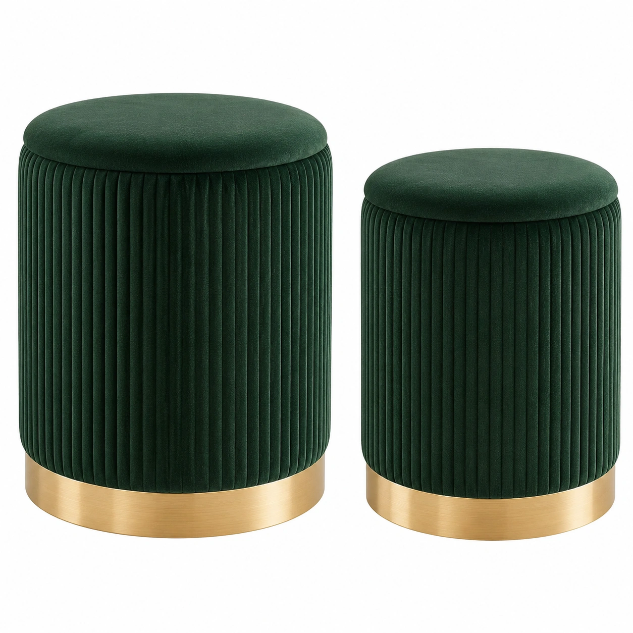 Set de pufs redondos verde oscuro de terciopelo acanalado con base metalica dorada-SelviaSpace