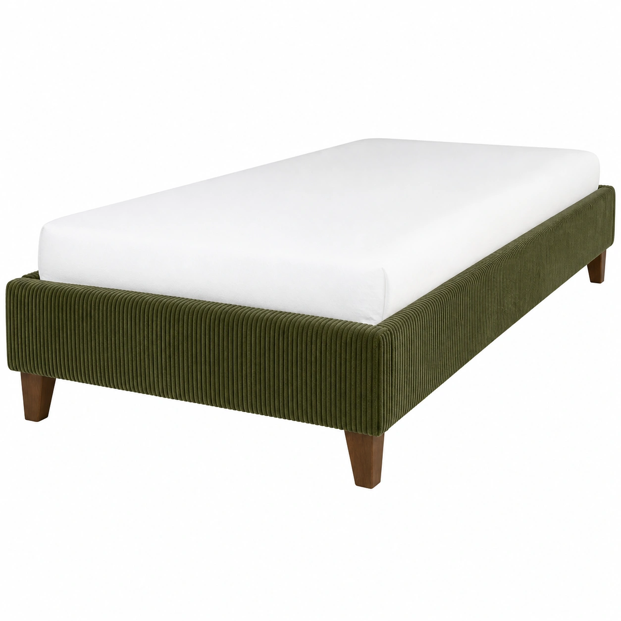 Base de cama tapizada contemporanea con textura acanalada y patas inclinadas de madera verde oscuro para dormitorio moderno-SelviaSpace