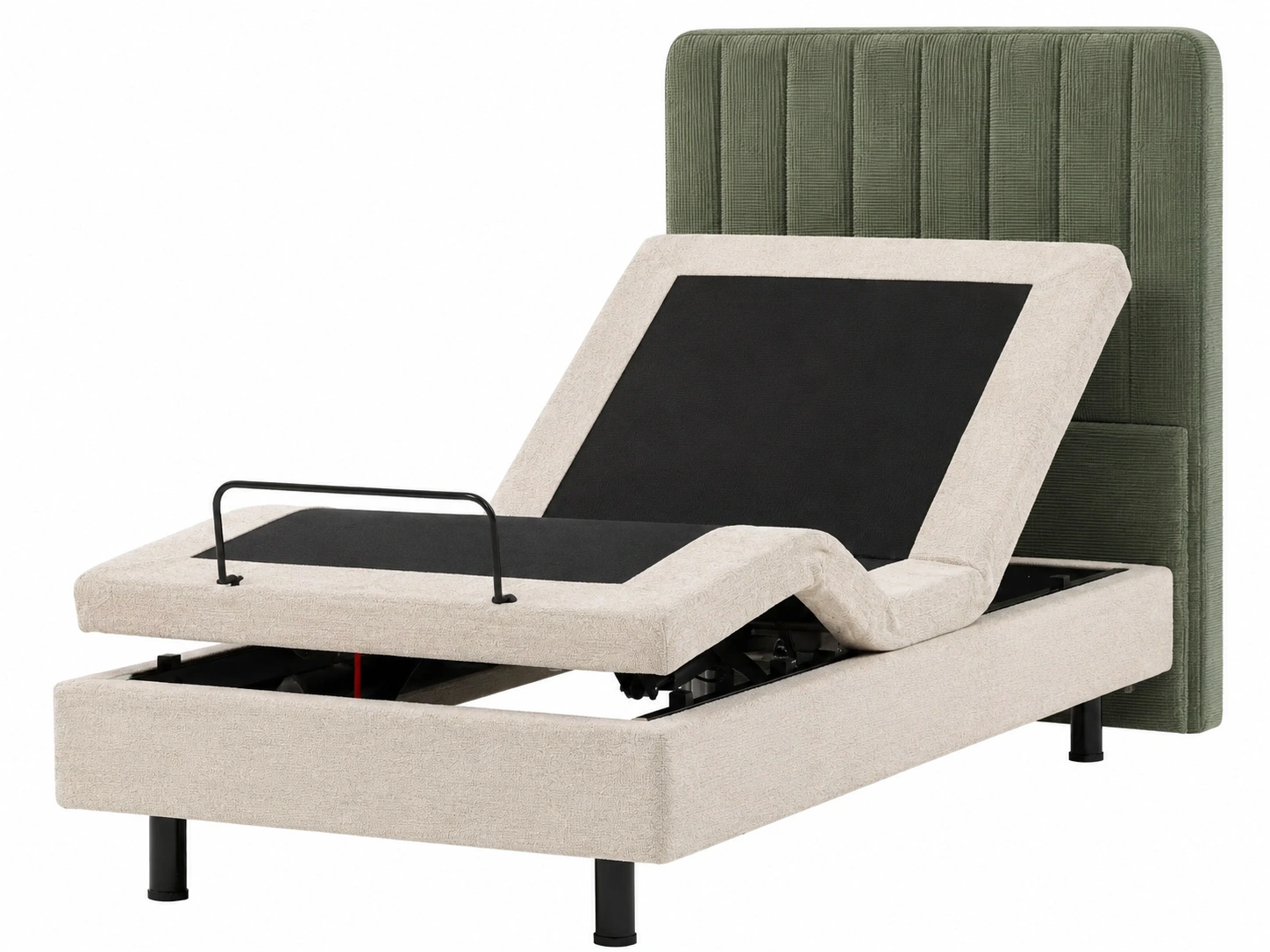 Base de cama ajustable electrica tapizada con respaldo acolchado y patas metalicas negras-SelviaSpace