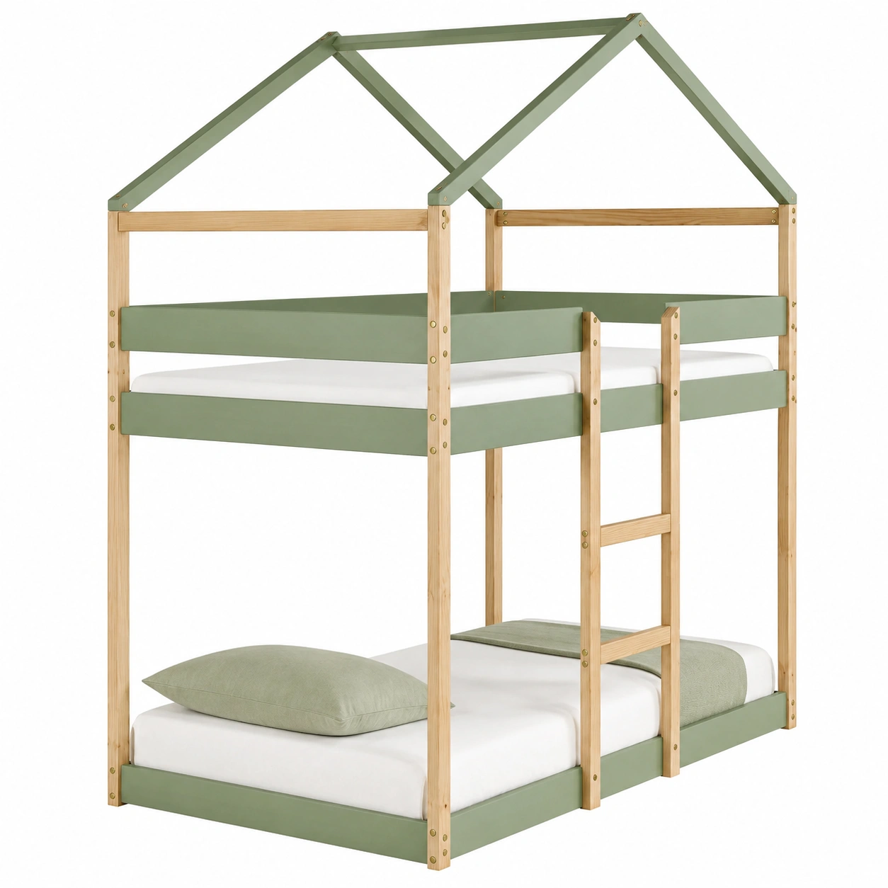 Litera infantil de madera con estructura tipo casa en verde pastel y acabado natural-SelviaSpace