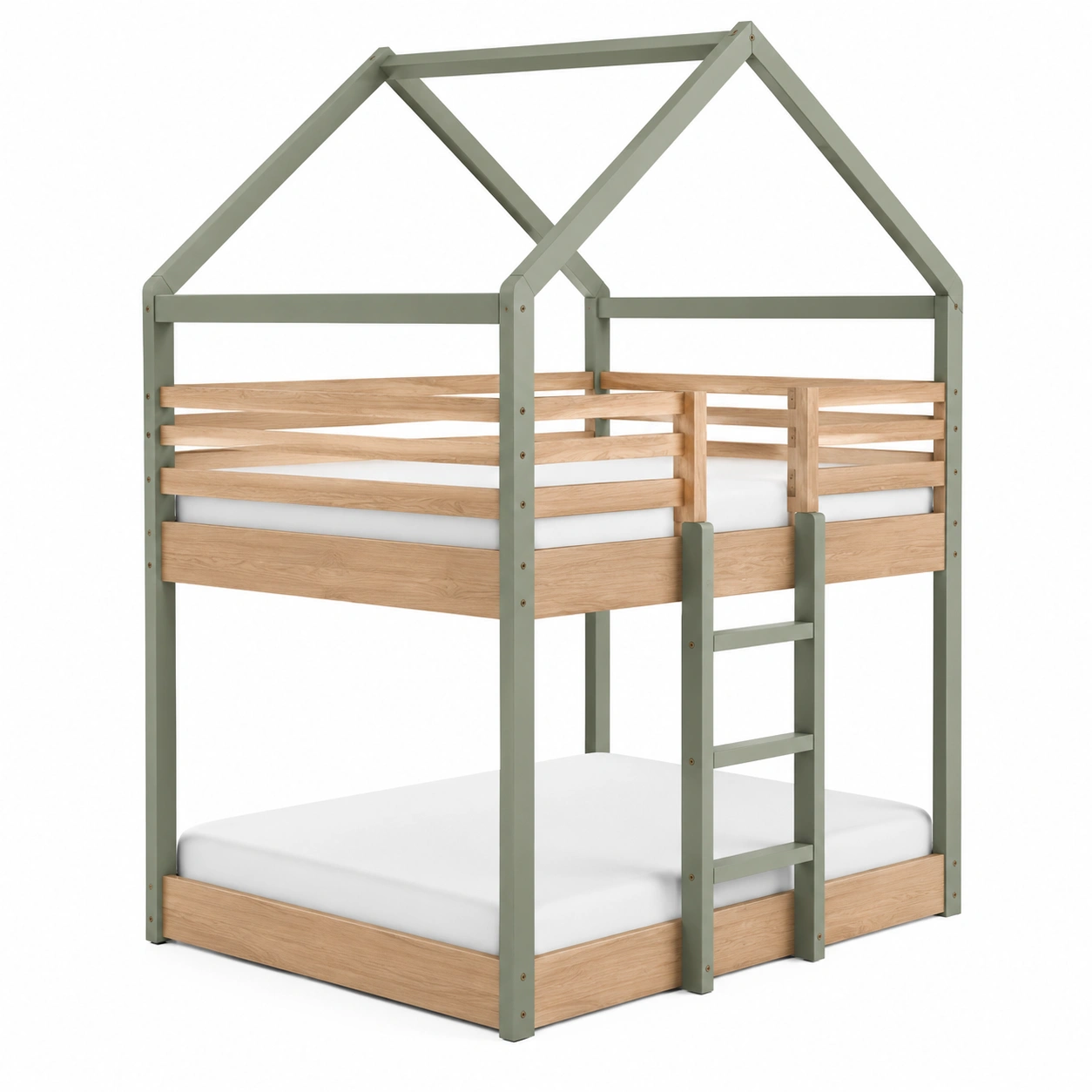 Litera de madera estilo casa con escalera frontal y acabado natural moderno para dormitorio juvenil-SelviaSpace