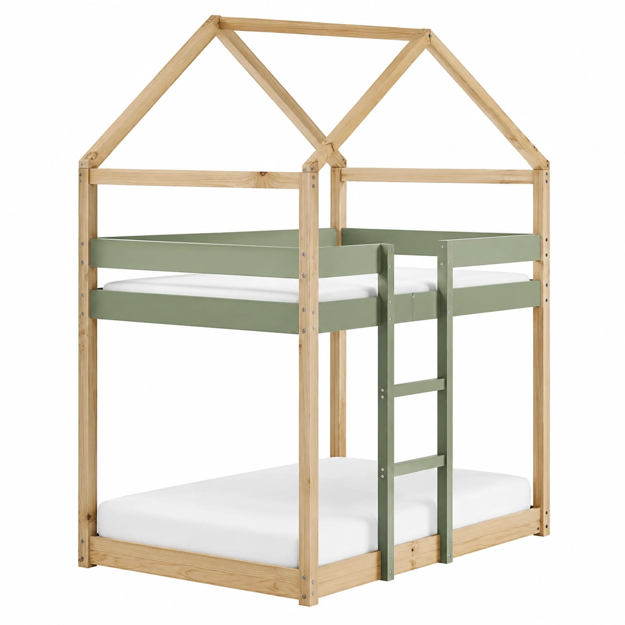 Litera infantil elevada de madera natural y verde con estructura tipo casa y escalera lateral-SelviaSpace