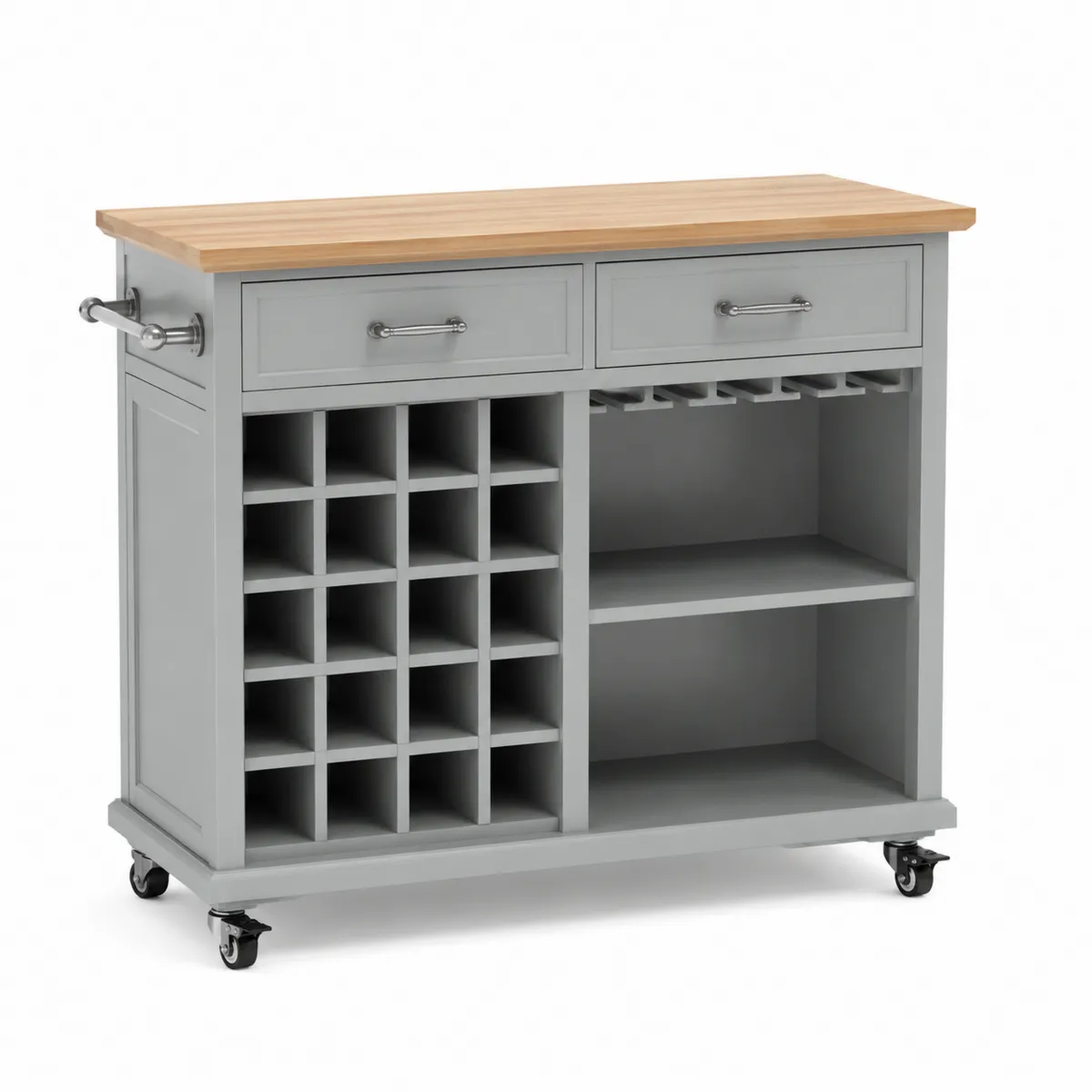 Graumelierter Weinschrank mit Rollen und Eichenholzoberfläche