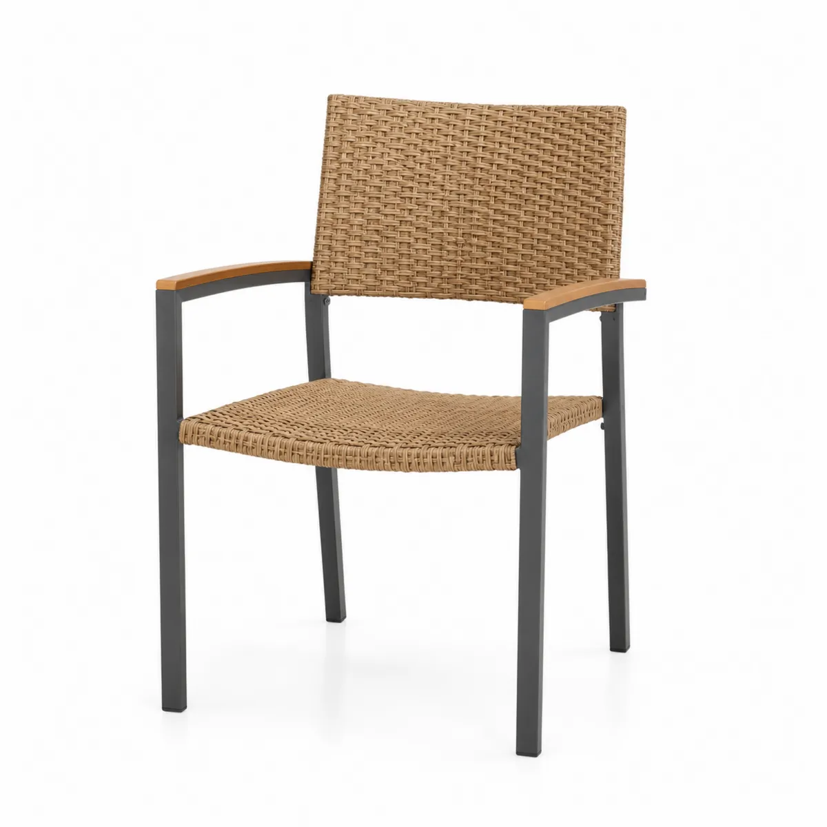 Gartenstuhl aus Polyrattan und Aluminium mit Teakholz-Details, Braun