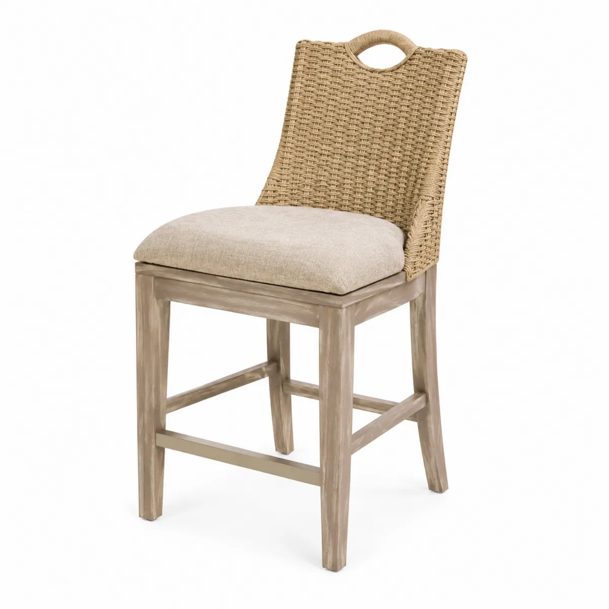 Barhocker mit Rattan-Rückenlehne Holzgestell Leinen Polster