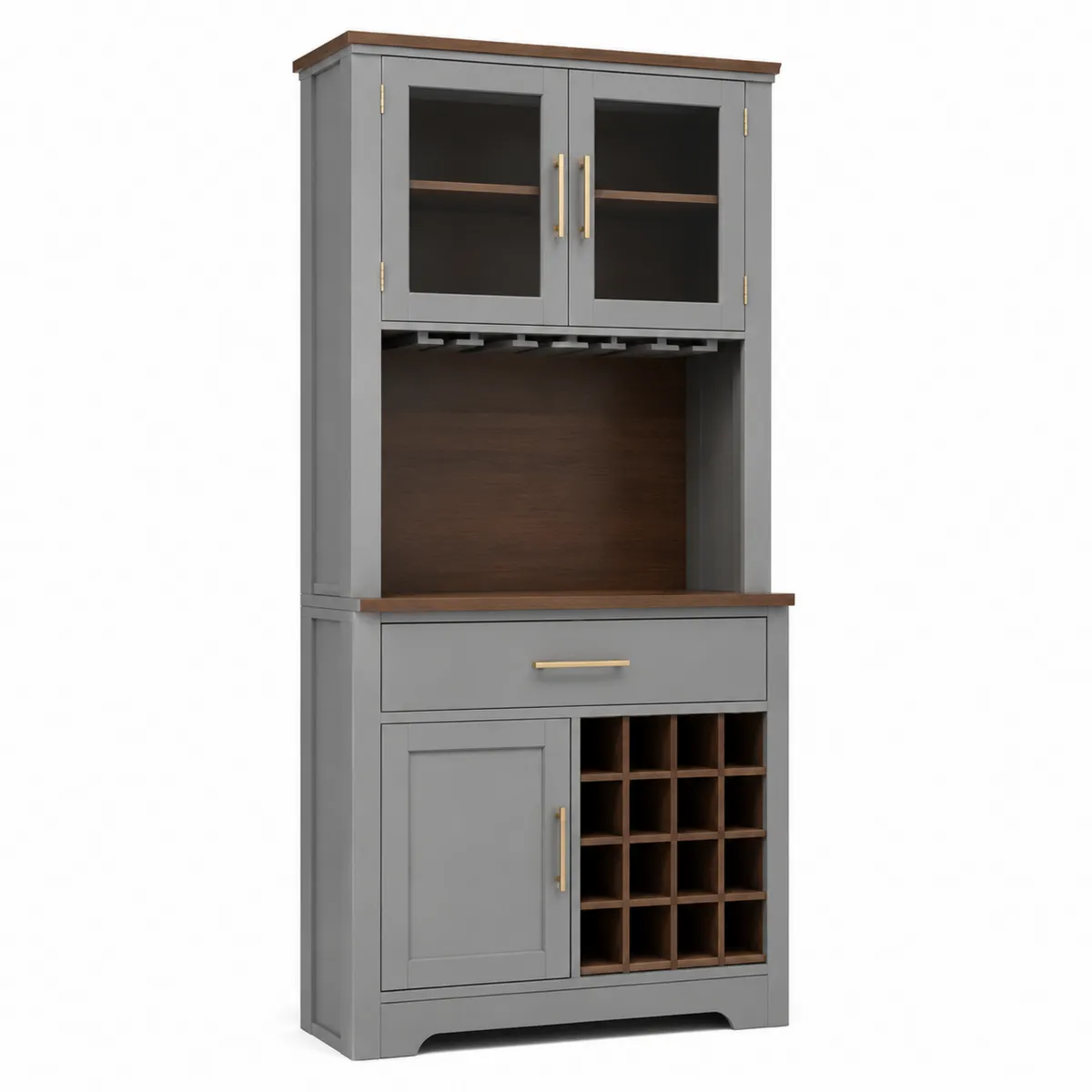 Weinschrank aus Holz mit Glastüren und Regal, Grau/Braun