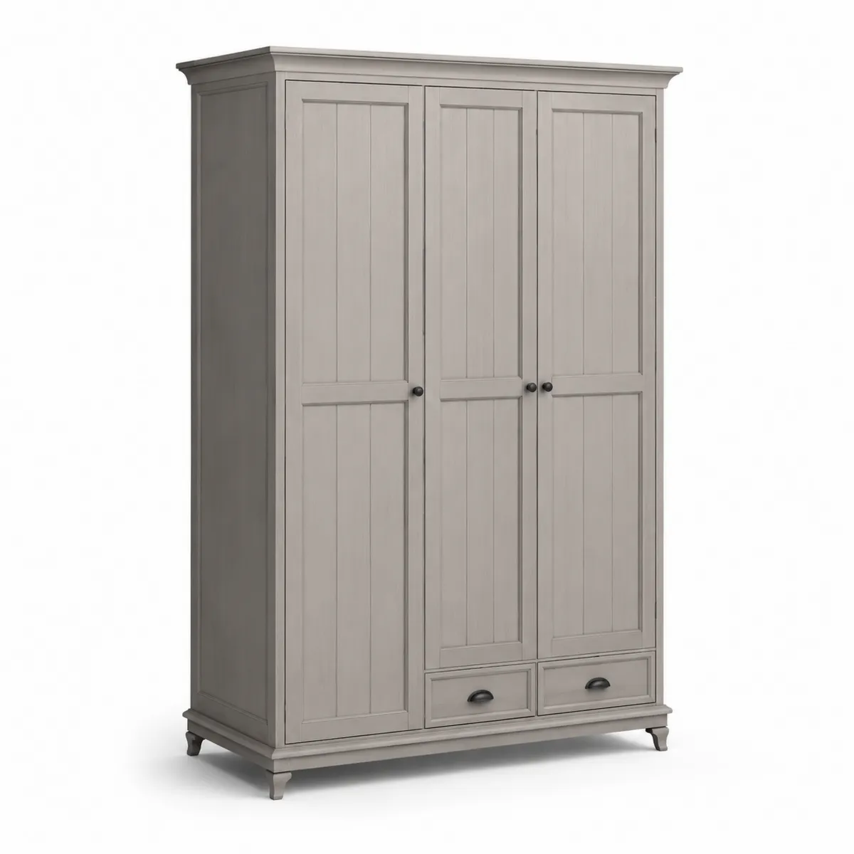 Drehtürenschrank aus Kiefernholz Grau mit 3 Türen und 2 Schubladen 190x120x50 cm