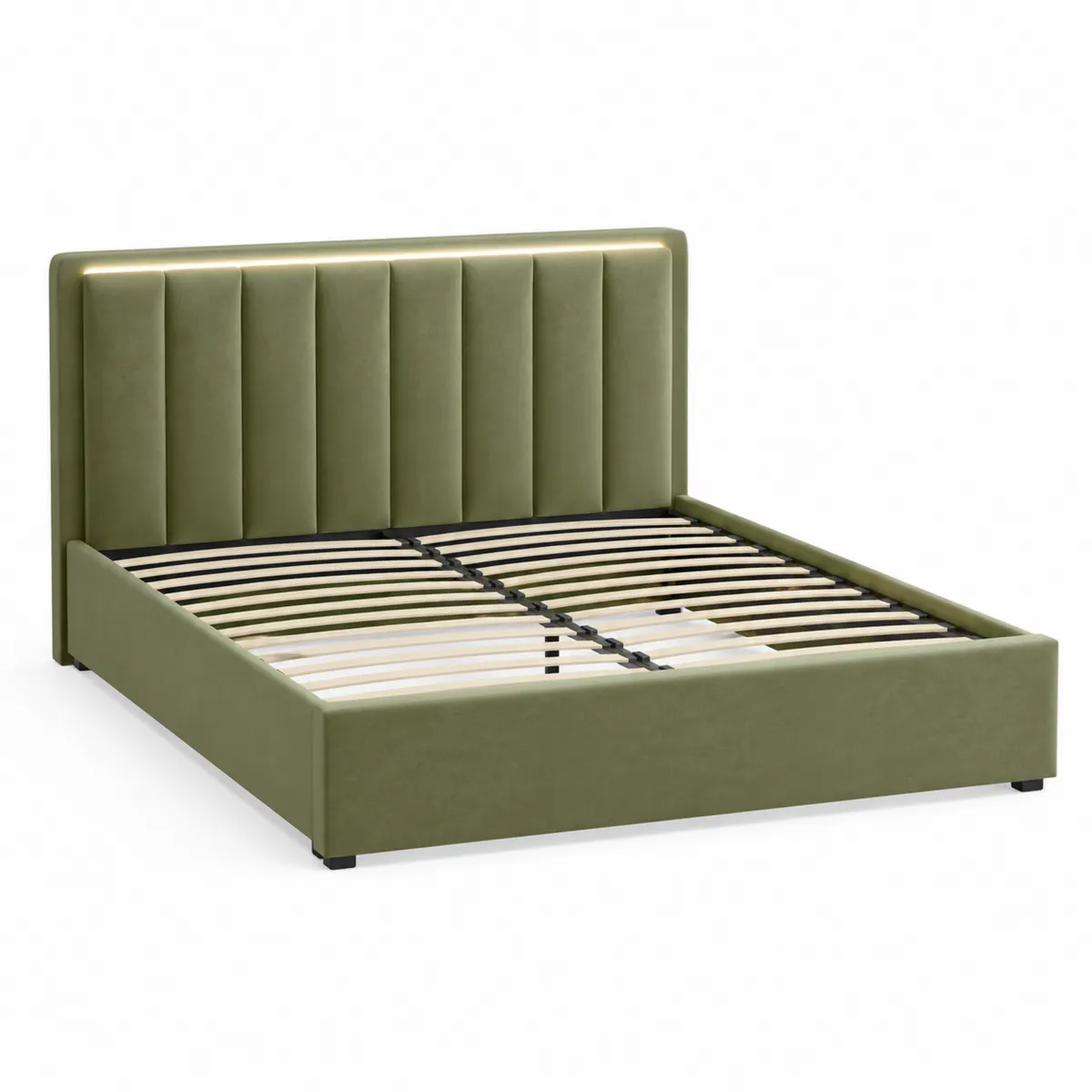 Doppelbett 200x180 cm Metall und Samt Olivgrün mit Kopfteilbeleuchtung