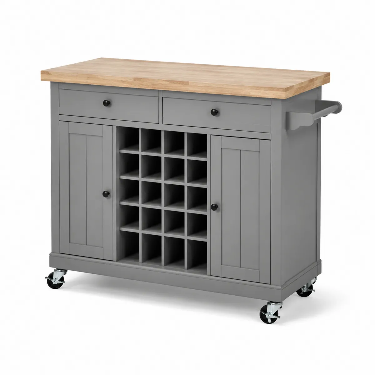 Weinschrank mit MDF-Rahmen, Eichenholzplatte und Rollen, Grau